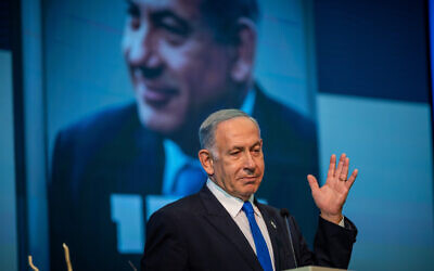 Likud party chairman MK Benjamin Netanyahu at an event to mark 40,000 copies sold of his autobiography held in Jerusalem on November 14, 2022. (Yonatan Sindel/Flash90)