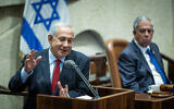 Prime Minister-designate Benjamin Netanyahu speaks in the Knesset on November 21, 2022. (Yonatan Sindel/Flash90)