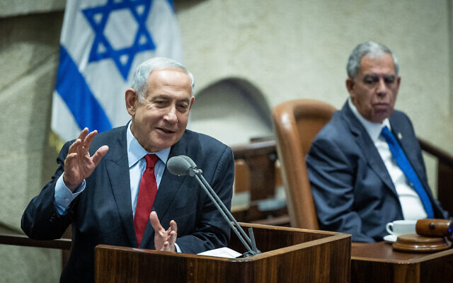 Prime Minister-designate Benjamin Netanyahu speaks in the Knesset on November 21, 2022. (Yonatan Sindel/Flash90) Prime Minister-designate Benjamin Netanyahu speaks in the Knesset on November 21, 2022. (Yonatan Sindel/Flash90)