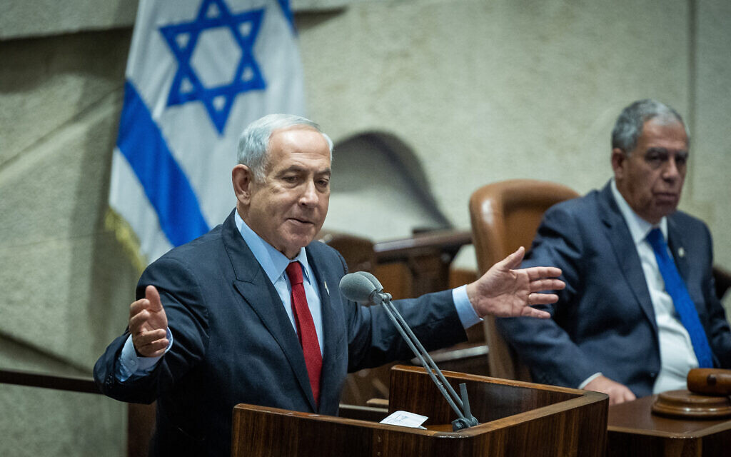 Likud party head Benjamin Netanyahu speaks in the plenary hall of the Knesset  on November 21, 2022. (Yonatan Sindel/Flash90)