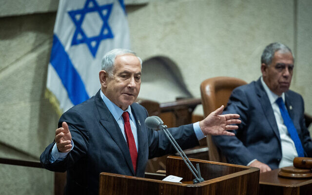 Likud party head Benjamin Netanyahu speaks in the plenary hall of the Knesset  on November 21, 2022. (Yonatan Sindel/Flash90)