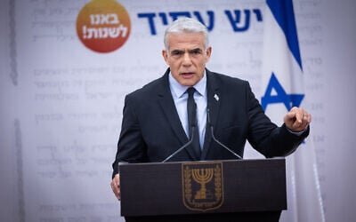 Outgoing Prime Minister and Yesh Atid party leader Yair Lapid speaks during a faction meeting at the Knesset, in Jerusalem, on November 21, 2022. (Yonatan Sindel/Flash90) Outgoing Prime Minister and Yesh Atid party leader Yair Lapid speaks during a faction meeting at the Knesset, in Jerusalem, on November 21, 2022. (Yonatan Sindel/Flash90)