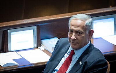 Likud party chairman Benjamin Netanyahu attends a plenum session in the Knesset on November 21, 2022. (Yonatan Sindel/Flash90)