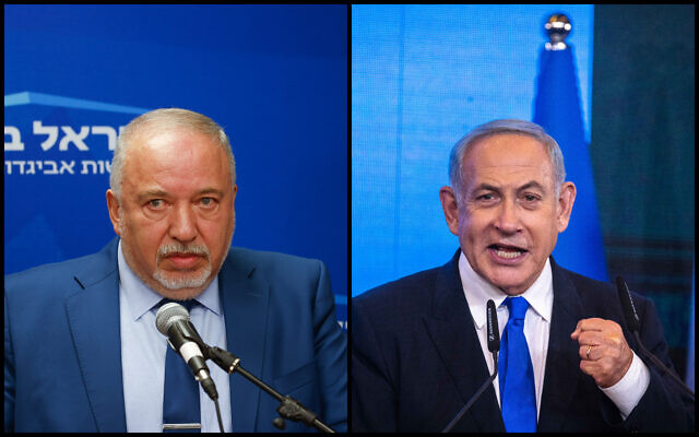 Finance Minister and Israel Beyteinu party chairman Avigdor Liberman (left) speaks during a faction meeting at the Knesset on November 15, 2022. Likud head Benjamin Netanyahu addresses his supporters on the night of the Israeli elections, at the party headquarters in Jerusalem, November 2, 2022.
(Olivier Fitoussi/Flash90) Finance Minister and Israel Beyteinu party chairman Avigdor Liberman (left) speaks during a faction meeting at the Knesset on November 15, 2022. Likud head Benjamin Netanyahu addresses his supporters on the night of the Israeli elections, at the party headquarters in Jerusalem, November 2, 2022.
(Olivier Fitoussi/Flash90)