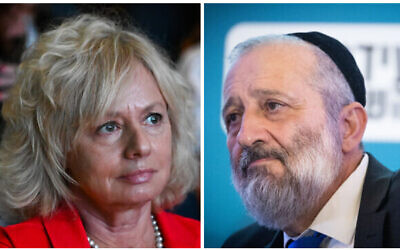 Attorney General Gali Baharav-Miara (left) in Tel Aviv, July 5, 2022; Shas head Aryeh Deri in Jerusalem, September 12, 2022. (Avshalom Sassoni/Flash90; Yonatan Sindel/Flash90)