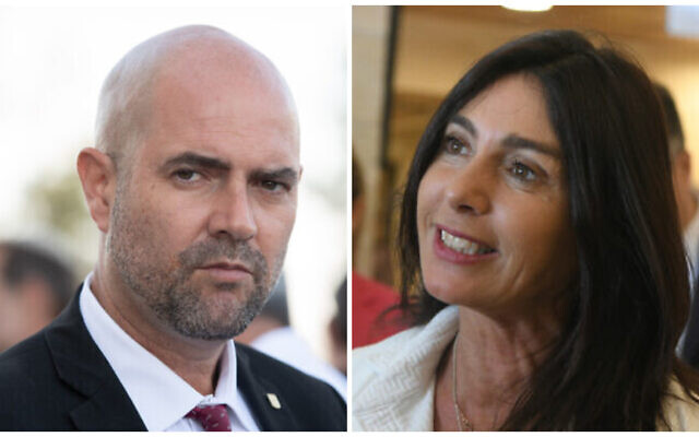 Likud MK Amir Ohana in Beit El, in the West Bank, July 12, 2022 (Sraya Diamant/Flash90) and (R) MK Miri Regev in Jerusalem, May 29, 2022 (Arie Leib Abrams/FLASH90)