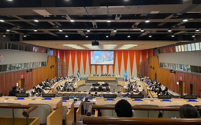 Delegates attend a Palestinian solidarity meeting at the United Nations in New York on November 29, 2022 (Luke Tress/Times of Israel) Delegates attend a Palestinian solidarity meeting at the United Nations in New York on November 29, 2022 (Luke Tress/Times of Israel)