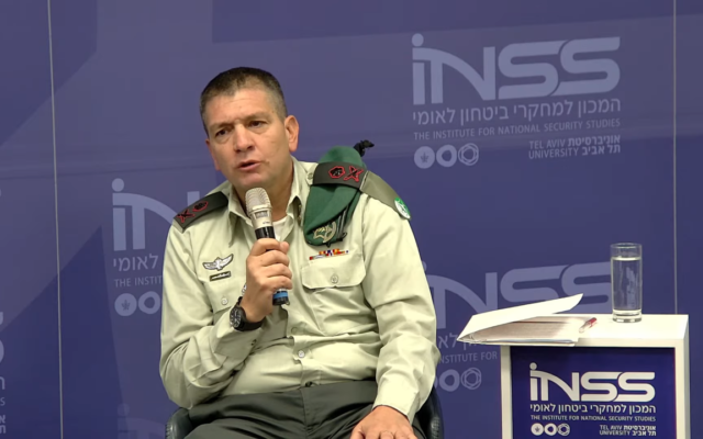 Military Intelligence chief Maj. Gen. Aharon Haliva speaks at an Institute for National Security Studies  conference in Tel Aviv on November 21, 2022. (Screenshot: INSS)