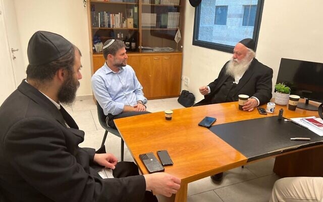Religious Zionism leader Bezalel Smotrich (C) meets with United Torah Judaism chief Yitzhak Goldknopf (R) in Jerusalem on November 14, 2022 ( Religious Zionism) Religious Zionism leader Bezalel Smotrich (C) meets with United Torah Judaism chief Yitzhak Goldknopf (R) in Jerusalem on November 14, 2022 ( Religious Zionism)