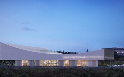 An architectural rendering of the new National Library of Israel building, set to open in 2023. The building was designed by the Swiss firm Herzog & de Meuron. (Herzog & de Meuron 2022)
