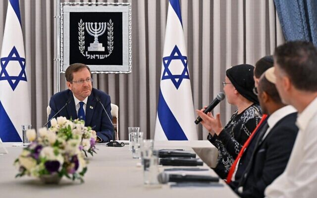 President Isaac Herzog (left) meets with representatives of the Religious Zionism party during consultations at the President's Residence in Jerusalem on November 10, 2022. (Kobi Gideon/GPO) President Isaac Herzog (left) meets with representatives of the Religious Zionism party during consultations at the President's Residence in Jerusalem on November 10, 2022. (Kobi Gideon/GPO)