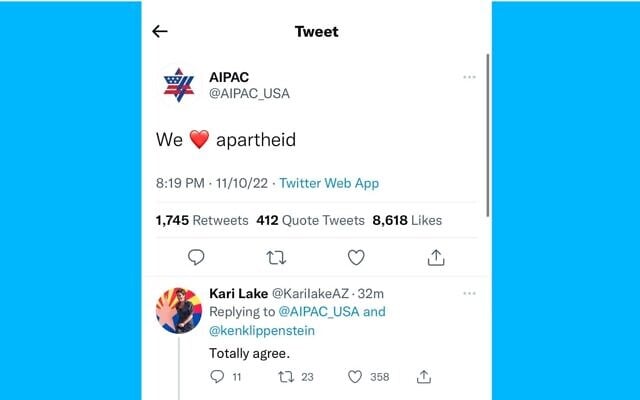 A tweet from an account impersonating AIPAC was online for hours Thursday night, in one of many signs of Twitter's chaos since its acquisition by Elon Musk. (Screenshot via JTA) A tweet from an account impersonating AIPAC was online for hours Thursday night, in one of many signs of Twitter's chaos since its acquisition by Elon Musk. (Screenshot via JTA)