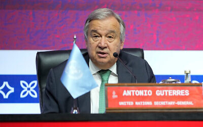United Nations Secretary-General Antonio Guterres speaks ahead of the G20 Summit in Bali, Indonesia on November 14, 2022. (AP Photo/Achmad Ibrahim, File)