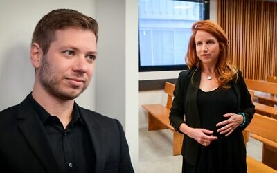 This combination of photos shows Yair Netanyahu (L) and former MK Stav Shafir  attending a court hearing in Tel Aviv, November 29, 2022. (Avshalom Sassoni/Flash90)