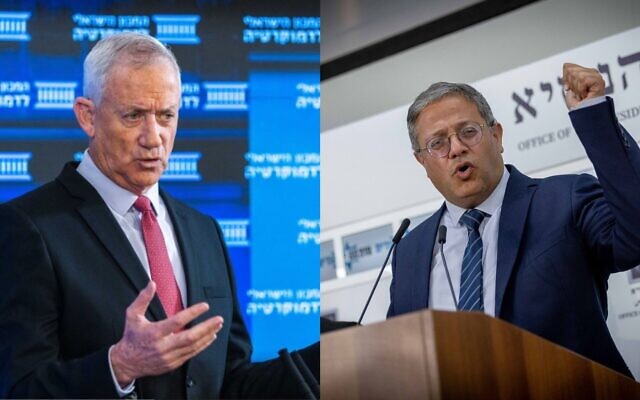 National Unity party leader Benny Gantz (left) and Otzma Yehudit party head Itamar Ben Gvir. (Flash90) National Unity party leader Benny Gantz (left) and Otzma Yehudit party head Itamar Ben Gvir. (Flash90)