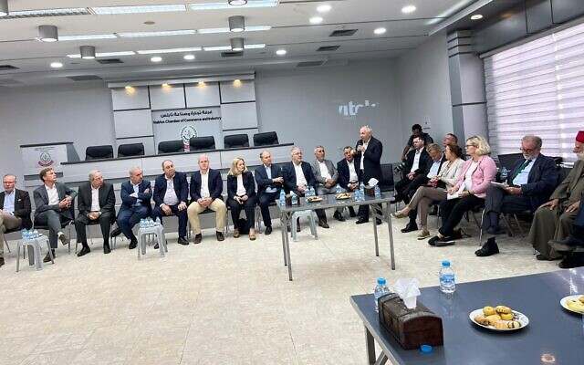 European and American diplomats hear from Palestinian business leaders at the Nablus Chamber of Commerce on November 2, 2022. (Jacob Magid/Times of Israel) European and American diplomats hear from Palestinian business leaders at the Nablus Chamber of Commerce on November 2, 2022. (Jacob Magid/Times of Israel)