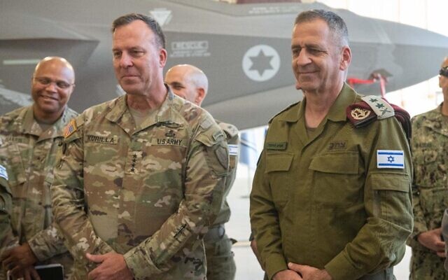 Michael Kurilla, head of the United States Central Command (left), meets with IDF chief Aviv Kohavi at the Nevatim airbase in southern Israel, on November 15, 2022. (Israel Defense Forces) Michael Kurilla, head of the United States Central Command (left), meets with IDF chief Aviv Kohavi at the Nevatim airbase in southern Israel, on November 15, 2022. (Israel Defense Forces)