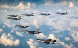 Israeli F-35i and American F-15 jets hold an exercise over Israel, November 29, 2022. (Israel Defense Forces)
