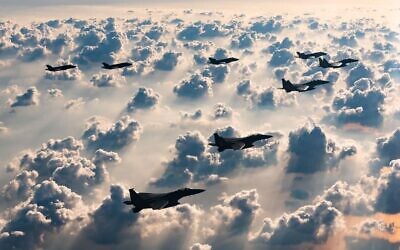 Israeli F-35i and American F-15 jets hold an exercise over Israel, November 29, 2022. (Israel Defense Forces)