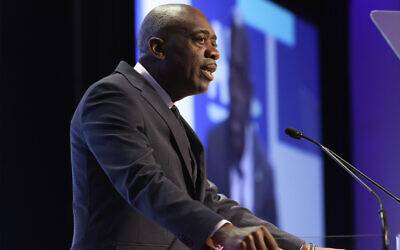 President of Adidas North America Rupert Campbell speaks at an Anti-Defamation League summit in New York City, November 10, 2022. (Courtesy, ADL/Jen Liseo)