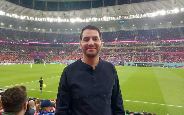 Israeli diplomat Alon Lavi attends a World Cup match during his time off from diplomatic duties, Doha, Qatar, November 21, 2022. (Courtesy) Israeli diplomat Alon Lavi attends a World Cup match during his time off from diplomatic duties, Doha, Qatar, November 21, 2022. (Courtesy)