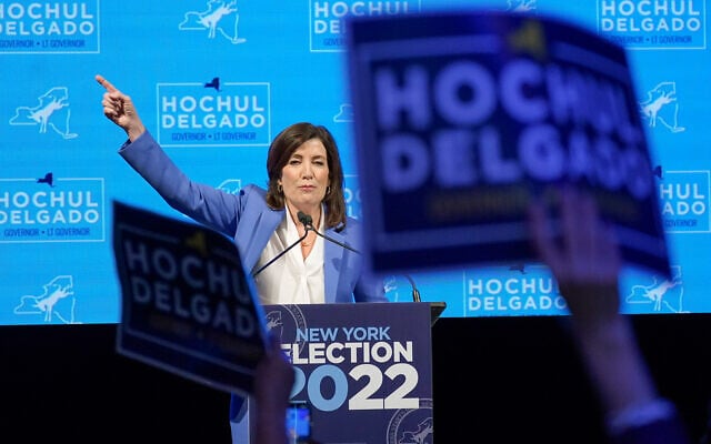 New York Governor Kathy Hochul speaks to supporters during her election night party, November 8, 2022, in New York. (AP Photo/Mary Altaffer)