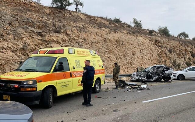 Medics are seen at the scene of a terror attack near the West Bank settlement city of Ariel, November 15, 2022. (Magen David Adom) Medics are seen at the scene of a terror attack near the West Bank settlement city of Ariel, November 15, 2022. (Magen David Adom)