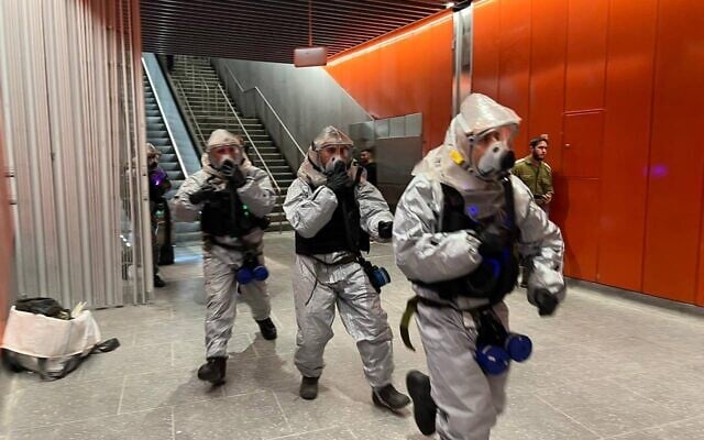 Security forces hold a drill simulating a chemical terror attack at the Allenby light rail station in Tel Aviv, on November 22, 2022. (Defense Ministry) Security forces hold a drill simulating a chemical terror attack at the Allenby light rail station in Tel Aviv, on November 22, 2022. (Defense Ministry)