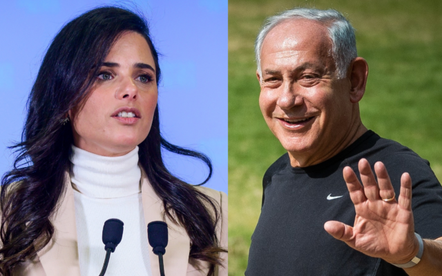 Jewish Home leader Ayelet Shaled. left, speaks during a press conference in Ramat Gan, on October 25, and Likud leader Benjamin Netanyahu, right. seen during a morning walk, November 2, 2022. (Avshalom Sassoni; Yonatan Sindel/Flash90) Jewish Home leader Ayelet Shaled. left, speaks during a press conference in Ramat Gan, on October 25, and Likud leader Benjamin Netanyahu, right. seen during a morning walk, November 2, 2022. (Avshalom Sassoni; Yonatan Sindel/Flash90)