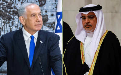 Likud party chairman MK Benjamin Netanyahu, left, receives the mandate to form a new government, at the President's Residence in Jerusalem, November 13, 2022; Bahrain's Prime Minister Prince Salman bin Hamad Al Khalifa pays his respects at the coffin of Britain's Queen Elizabeth, in London, September 18, 2022. (Olivier Fitoussi/ Flash90; Sarah Meyssonnier/ Pool via AP)