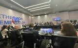 Israel's Environmental Protection Minister Tamar Zandberg (right, with back to camera) sits two seats aways from Iraq's President Abdul Latif Rashid at a meeting of leaders of the Eastern Mediterranean and Middle East at the COP27 conference in Sharm-el-Sheikh, Egypt, November 8, 2022. (Israel's Environmental Protection Ministry)