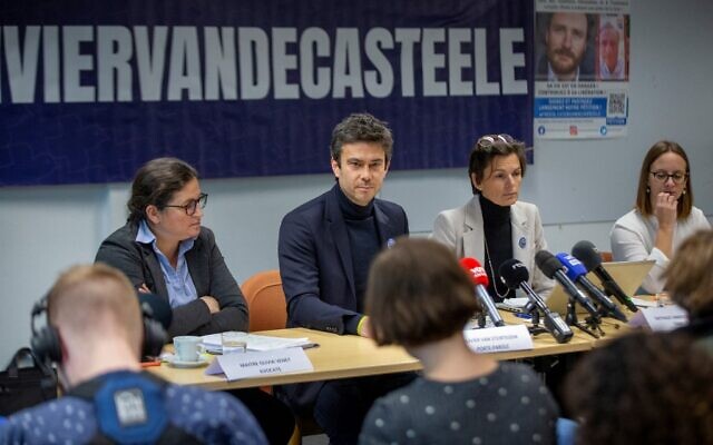 Belgian lawyer Chloe Georgiev (L), Olivier's sister Nathalie Vandecasteele (2nd L), legal adviser Olivier Van Steirtegem (2nd R) and lawyer Olivia Venet (R), hold a press conference on December 9, 2022 in Brussels, on aid worker Olivier Vandecasteele, 41, who launched a hunger strike over the "inhuman" treatment by his captors, as he is detained in Iran since February. (Photo by NICOLAS MAETERLINCK / BELGA / AFP) Belgian lawyer Chloe Georgiev (L), Olivier's sister Nathalie Vandecasteele (2nd L), legal adviser Olivier Van Steirtegem (2nd R) and lawyer Olivia Venet (R), hold a press conference on December 9, 2022 in Brussels, on aid worker Olivier Vandecasteele, 41, who launched a hunger strike over the "inhuman" treatment by his captors, as he is detained in Iran since February. (Photo by NICOLAS MAETERLINCK / BELGA / AFP)