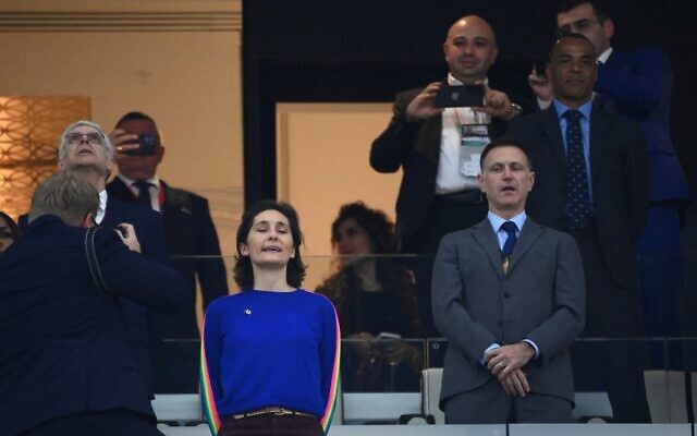 French Sports Minister Amelie Oudea-Castera sings the French national anthem before the start of the Qatar 2022 World Cup quarter-final football match between England and France at the Al-Bayt Stadium in Al Khor, north of Doha, December 10, 2022. (FRANCK FIFE/AFP) French Sports Minister Amelie Oudea-Castera sings the French national anthem before the start of the Qatar 2022 World Cup quarter-final football match between England and France at the Al-Bayt Stadium in Al Khor, north of Doha, December 10, 2022. (FRANCK FIFE/AFP)