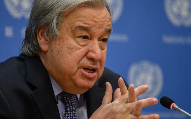 UN Secretary-General Antonio Guterres delivers remarks during the End of Year Press Conference at the UN headquarters in New York City on December 19, 2022. (Ed JONES / AFP) UN Secretary-General Antonio Guterres delivers remarks during the End of Year Press Conference at the UN headquarters in New York City on December 19, 2022. (Ed JONES / AFP)