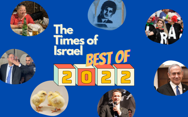 Clockwise from upper left: Gyulane Farkas (Yaakov Schwartz/Times of Israel); Graffiti of  Zohar Argov (Tomer Neuberg/Flash90); Iranian soccer fans in Doha (AP Photo/Frank Augstein); Benjamin Netanyahu  (Aleksey Nikolskyi/Sputnik Kremlin Pool Photo via AP); Mickey Bergman of the Richardson Center (Courtesy of Bergman); Israeli Golda hens as chicks (Ori Peretz); Itamar Ben Gvir blows a kiss on election day (Jacob Magid/Times of Israel). (Graphic by Yaakov Schwartz/Times of Israel)