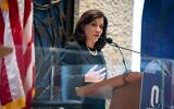 New York Governor Kathy Hochul speaks at the Lincoln Square Synagogue in New York City, December 12, 2022. (Luke Tress/Times of Israel)