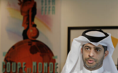 FILE - Nasser al-Khater speaks during an interview with the Associated Press at the Supreme Committee for Delivery and Legacy in Doha, Qatar on Oct. 29, 2018 (AP Photo/Vadim Ghirda, file)
