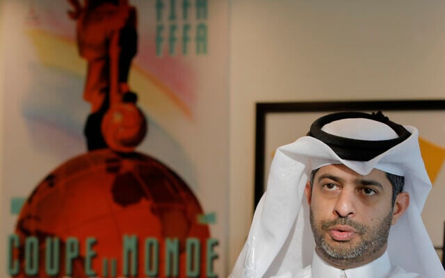FILE - Nasser al-Khater speaks during an interview with the Associated Press at the Supreme Committee for Delivery and Legacy in Doha, Qatar on Oct. 29, 2018 (AP Photo/Vadim Ghirda, file)