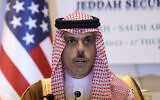 Saudi Foreign Minister Prince Faisal Bin Farhan Al Saud speaks during a press conference after the end of Security and Development Summit in Jeddah, Saudi Arabia, July 16, 2022. (AP Photo/Amr Nabil)