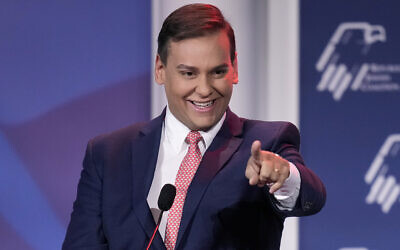 US Representative-elect George Santos, a New York Republican, speaks at an annual leadership meeting of the Republican Jewish Coalition, November 19, 2022, in Las Vegas. (AP Photo/John Locher)