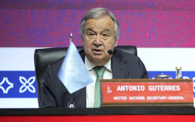 United Nations Secretary General Antonio Guterres speaks ahead of the G20 Summit in Bali, Indonesia on November 14, 2022. (Achmad Ibrahim/AP) United Nations Secretary General Antonio Guterres speaks ahead of the G20 Summit in Bali, Indonesia on November 14, 2022. (Achmad Ibrahim/AP)