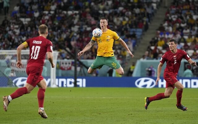Australia's Mitchell Duke controls the ball during the World Cup group D soccer match between Australia and Denmark, at the Al Janoub Stadium in Al Wakrah, Qatar, Wednesday, Nov. 30, 2022. (AP Photo/Thanassis Stavrakis) Australia's Mitchell Duke controls the ball during the World Cup group D soccer match between Australia and Denmark, at the Al Janoub Stadium in Al Wakrah, Qatar, Wednesday, Nov. 30, 2022. (AP Photo/Thanassis Stavrakis)