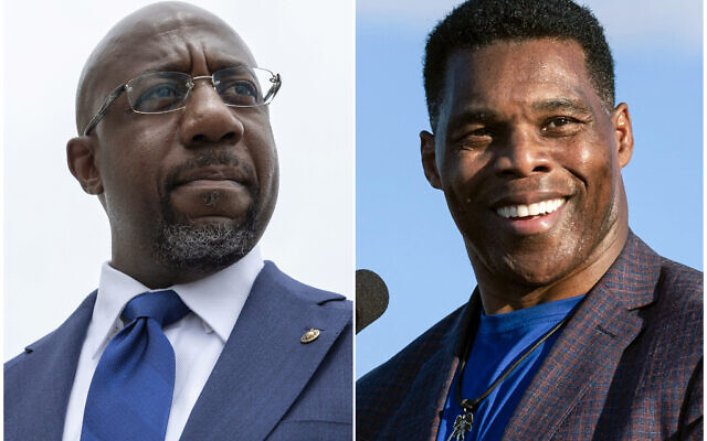 This combination of photos shows, Sen. Raphael Warnock, D-Ga., speaking to reporters on Capitol Hill in Washington, Aug. 3, 2021, left, and Republican Senate candidate Herschel Walker speaking in Perry, Ga., Sept. 25, 2021. Walker is in a runoff election with incumbent Warnock. (AP Photo) This combination of photos shows, Sen. Raphael Warnock, D-Ga., speaking to reporters on Capitol Hill in Washington, Aug. 3, 2021, left, and Republican Senate candidate Herschel Walker speaking in Perry, Ga., Sept. 25, 2021. Walker is in a runoff election with incumbent Warnock. (AP Photo)