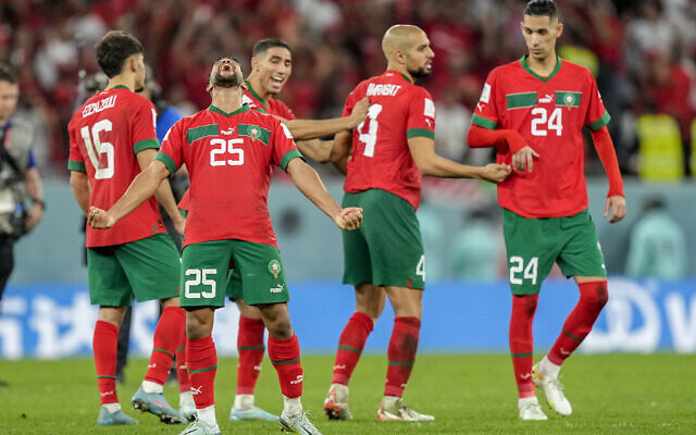 Morocco's players celebrate during a penalty shootout of the World Cup round of 16 soccer match between Morocco and Spain, at the Education City Stadium in Al Rayyan, Qatar, Tuesday, Dec. 6, 2022. (AP Photo/Martin Meissner) Morocco's players celebrate during a penalty shootout of the World Cup round of 16 soccer match between Morocco and Spain, at the Education City Stadium in Al Rayyan, Qatar, Tuesday, Dec. 6, 2022. (AP Photo/Martin Meissner)