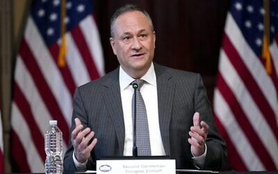 Doug Emhoff, the husband of US Vice President Kamala Harris, speaks during a roundtable discussion with Jewish leaders about the rise in antisemitism and efforts to fight hate in the United States in the Indian Treaty Room in the Eisenhower Executive Office Building on the White House Campus in Washington, December 7, 2022. (AP Photo/Patrick Semansky)