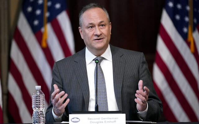 Doug Emhoff, the husband of US Vice President Kamala Harris, speaks during a roundtable discussion with Jewish leaders about the rise in antisemitism and efforts to fight hate in the United States in the Indian Treaty Room in the Eisenhower Executive Office Building on the White House Campus in Washington, December 7, 2022. (AP Photo/Patrick Semansky) Doug Emhoff, the husband of US Vice President Kamala Harris, speaks during a roundtable discussion with Jewish leaders about the rise in antisemitism and efforts to fight hate in the United States in the Indian Treaty Room in the Eisenhower Executive Office Building on the White House Campus in Washington, December 7, 2022. (AP Photo/Patrick Semansky)