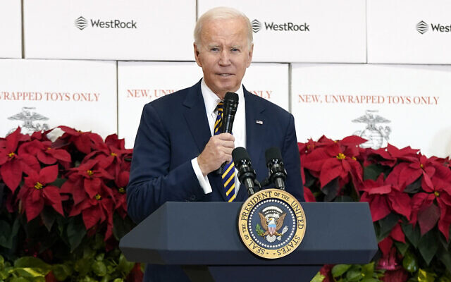 US President Joe Biden speaks during a Toys for Tots event at Joint Base Myer-Henderson Hall in Arlington, Virginia on December 12, 2022. (AP Photo/Patrick Semansky) US President Joe Biden speaks during a Toys for Tots event at Joint Base Myer-Henderson Hall in Arlington, Virginia on December 12, 2022. (AP Photo/Patrick Semansky)