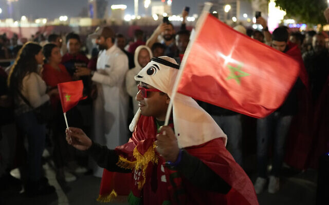 Fans of Morocco gather in Souq Waqif market prior to a World Cup semifinal soccer match between France and Morocco in Doha, Qatar, Dec. 14, 2022. (AP Photo/Andre Penner) Fans of Morocco gather in Souq Waqif market prior to a World Cup semifinal soccer match between France and Morocco in Doha, Qatar, Dec. 14, 2022. (AP Photo/Andre Penner)