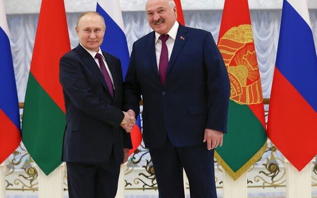 Russian President Vladimir Putin and Belarusian President Alexander Lukashenko pose for photo prior to their talks in Minsk, Belarus, December 19, 2022. (Konstantin Zavrazhin, Sputnik, Kremlin Pool Photo via AP) Russian President Vladimir Putin and Belarusian President Alexander Lukashenko pose for photo prior to their talks in Minsk, Belarus, December 19, 2022. (Konstantin Zavrazhin, Sputnik, Kremlin Pool Photo via AP)