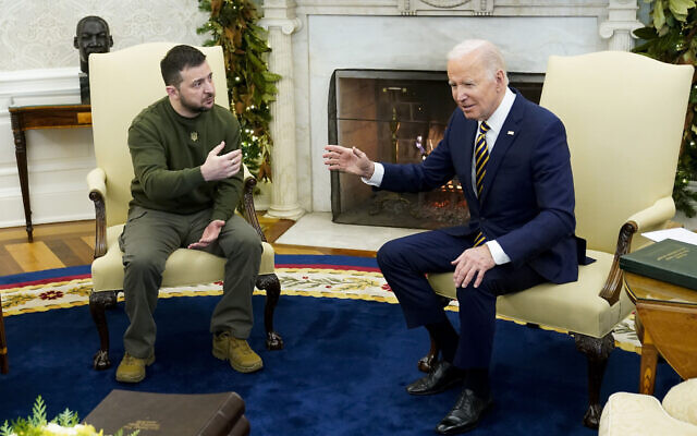 US President Joe Biden speaks with Ukrainian President Volodymyr Zelensky as they meet in the Oval Office of the White House, December 21, 2022, in Washington. (Patrick Semansky/AP) US President Joe Biden speaks with Ukrainian President Volodymyr Zelensky as they meet in the Oval Office of the White House, December 21, 2022, in Washington. (Patrick Semansky/AP)